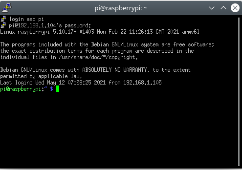 Putty connected to the pi screen