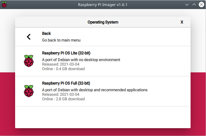 Raspberry Pi imager OS options