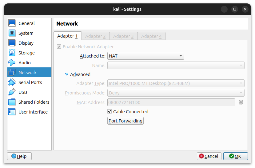 virtulabox setting network page