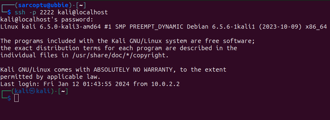terminal showing an ssh connection to a kali virtual machine